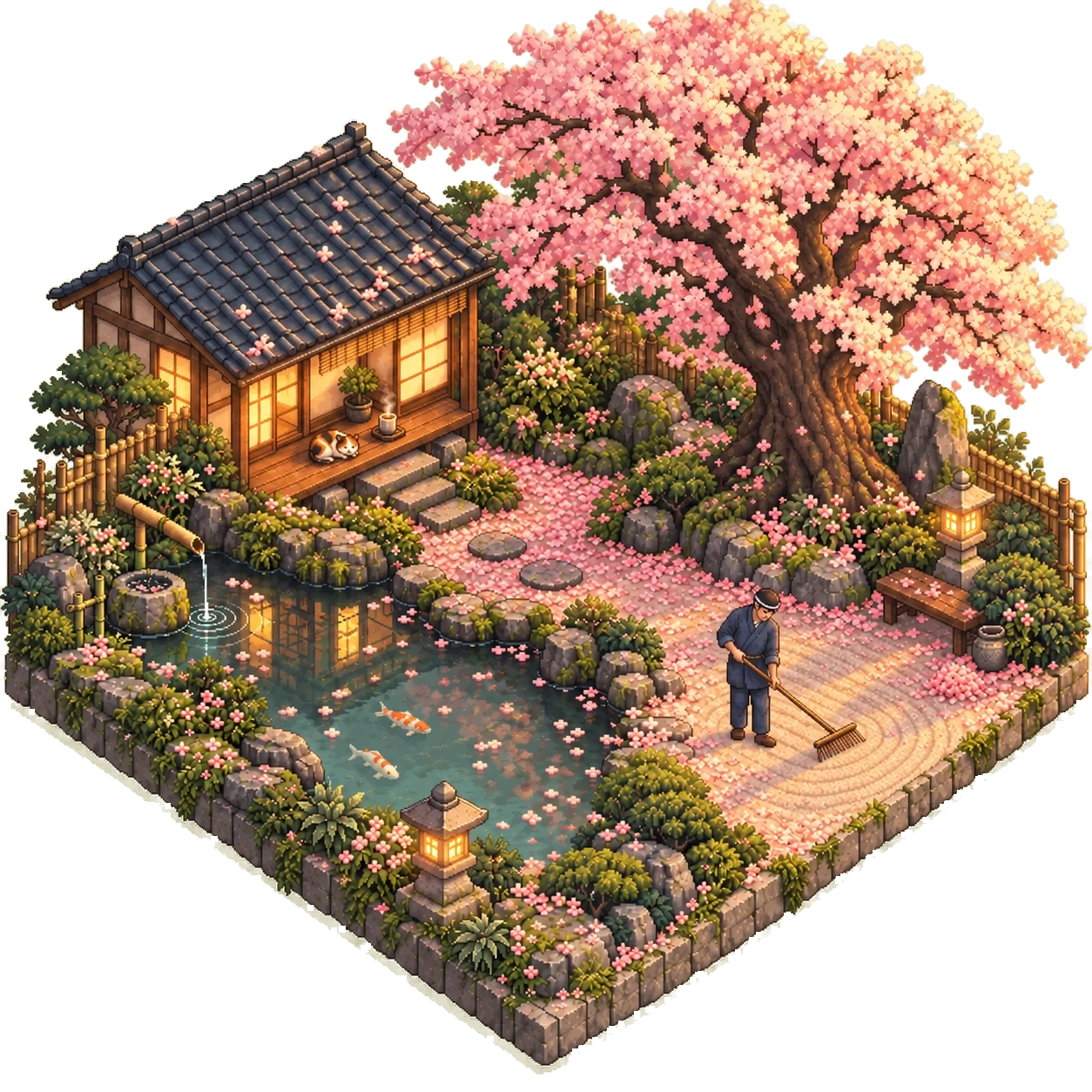 Pixel-art Japanese garden: a house with a sleeping cat and tea on the veranda, a large cherry tree in bloom, a koi pond, and a gardener sweeping petals